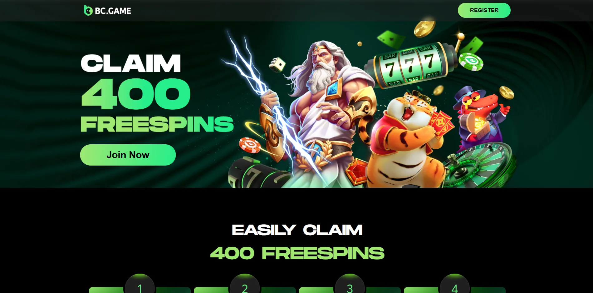 The BC.Game welcome offer page with the free spins headline and the claim steps below it
