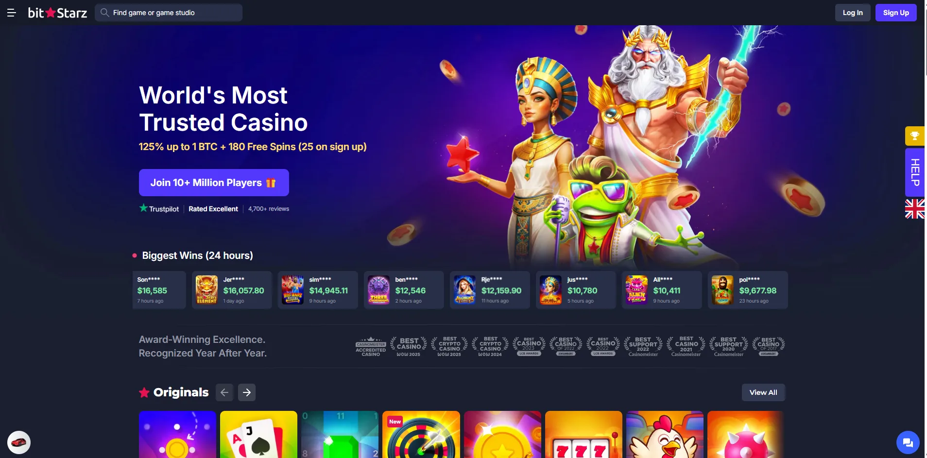 The Bitstarz homepage with the welcome offer, the biggest wins ticker and the awards strip
