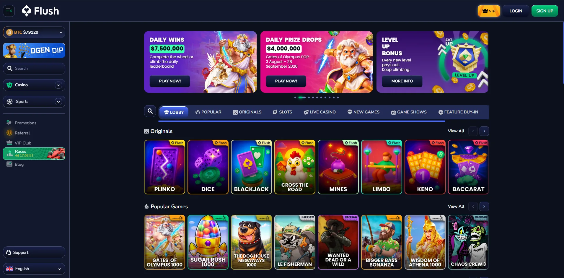 The Flush lobby with the promotion banners and the Originals game row