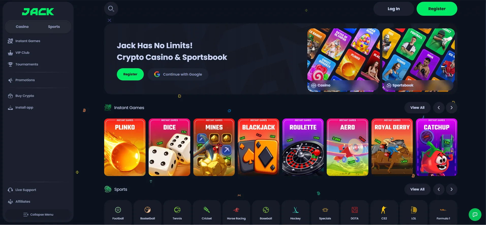 The Jack.com homepage with the Instant Games and Sports rows