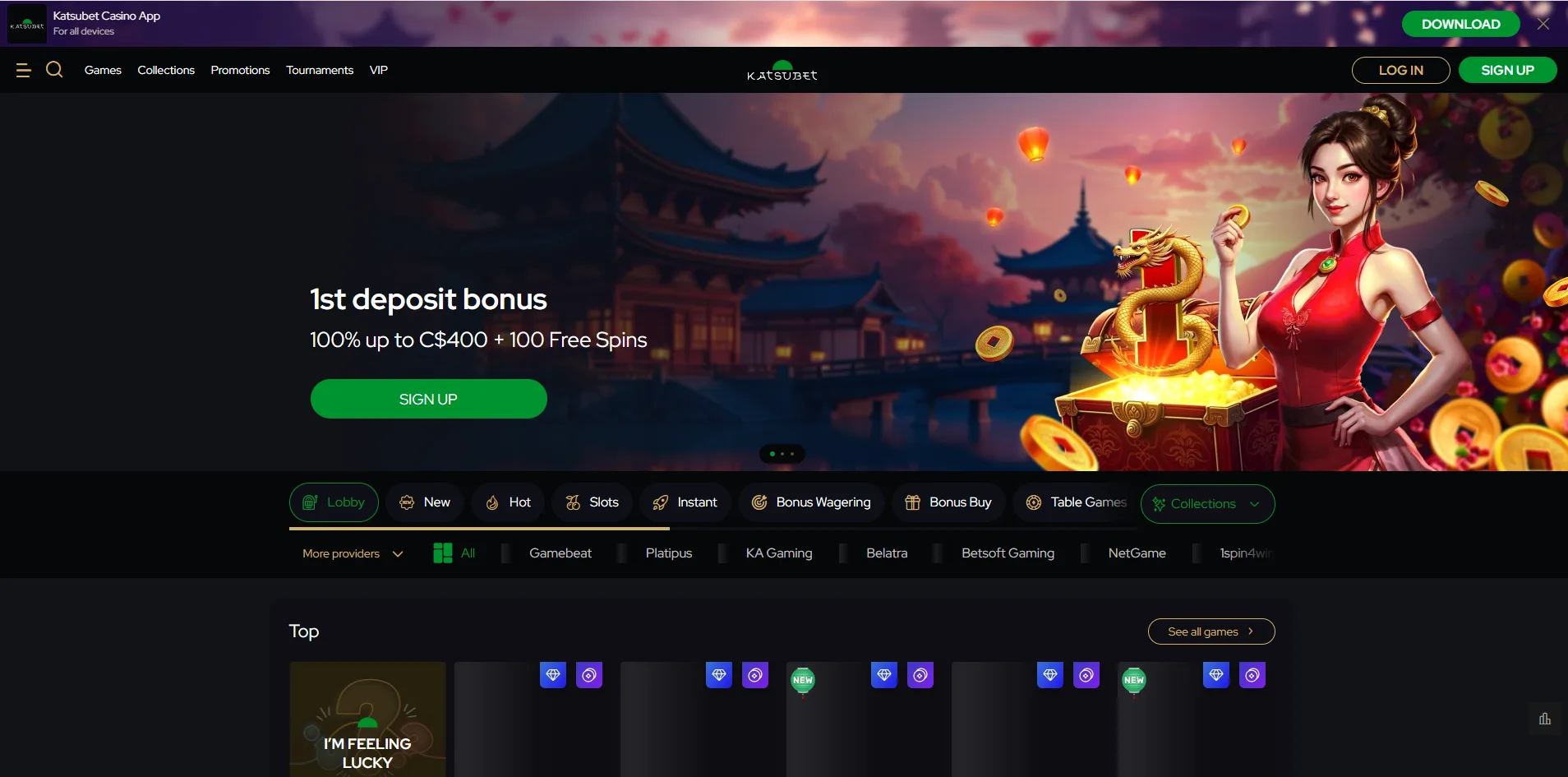 The Katsubet homepage with the first deposit bonus banner and the lobby category tabs