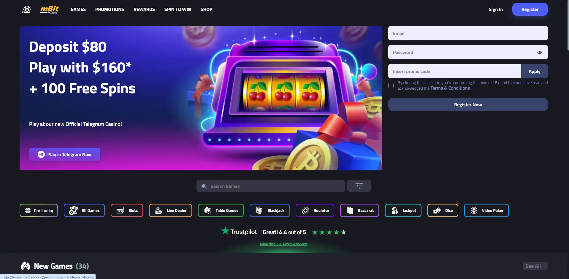 The mBit Casino registration form with the promo code field, beside the first deposit offer