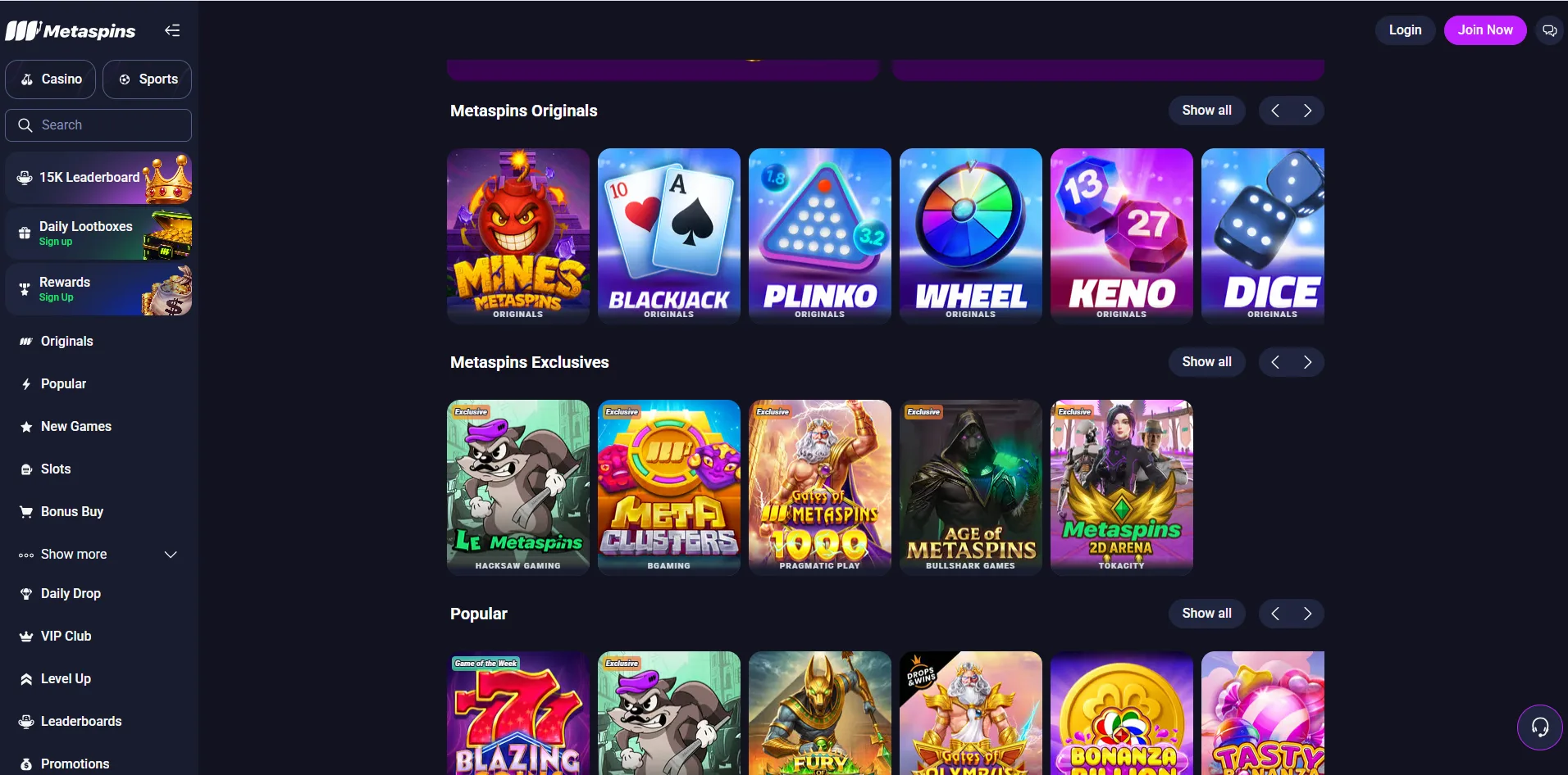The Metaspins lobby with the Originals and Exclusives game rows
