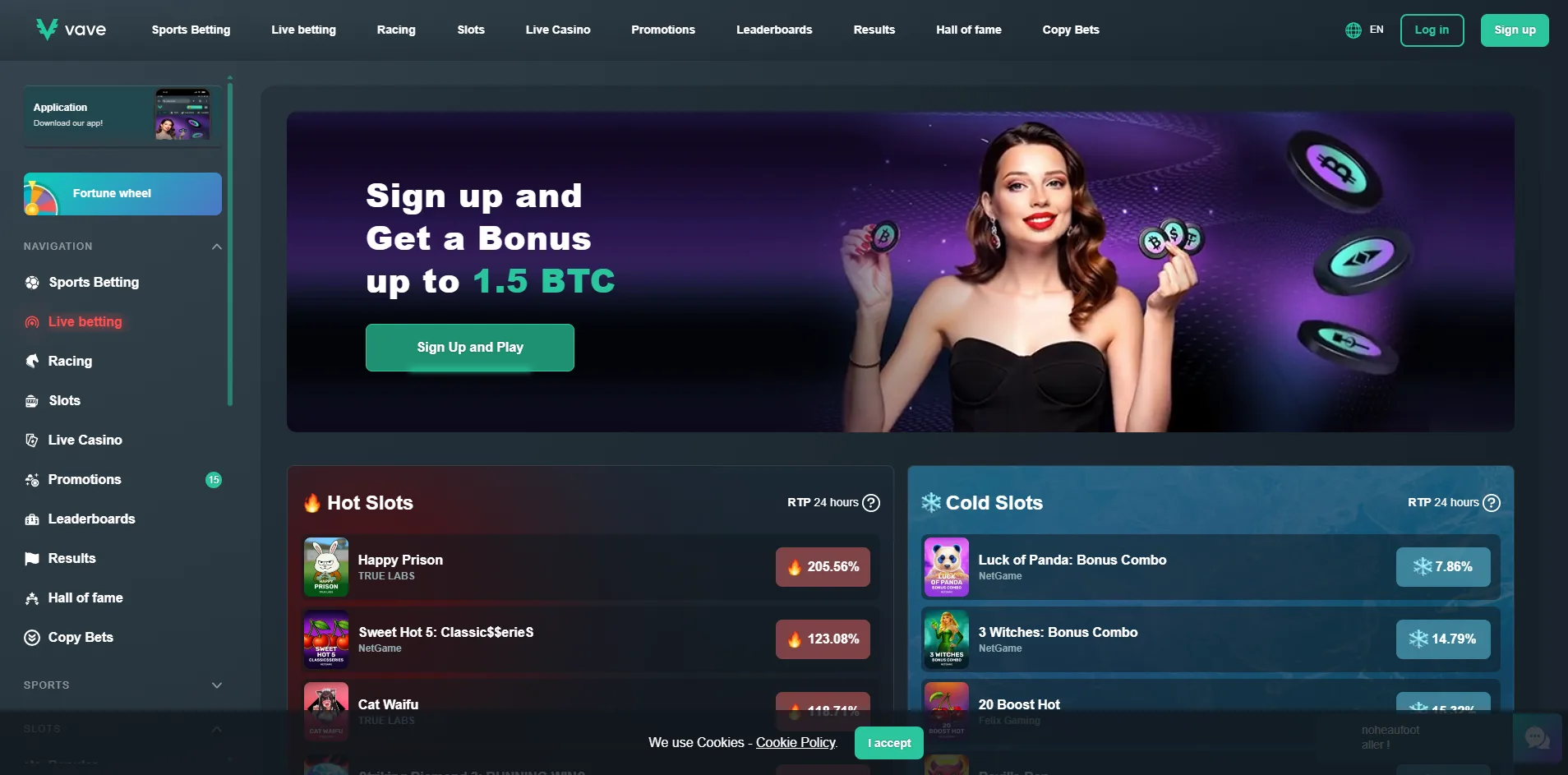 The Vave lobby with the signup bonus banner and the hot and cold slots RTP panels
